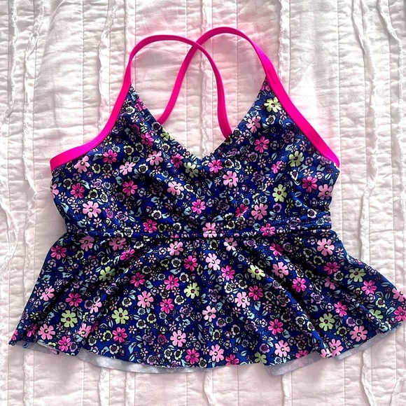 LANDS’ End Girls Ruffle Tankini Swimsuit Top in Blue Ditsy Floral Size 7 EUC - Picture 4 of 5